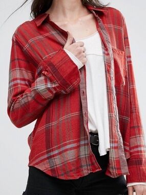 Free People Wesley Plaid Shirt Button Down  Shirt Red‎ Size Medium